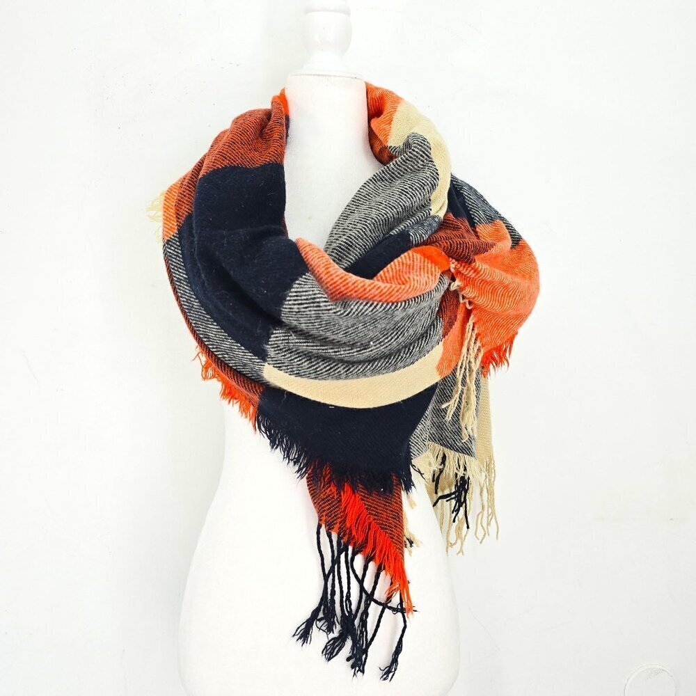 Women's Black Orange Tan Beige Plaid Fringe Fuzzy Scarf Wrap